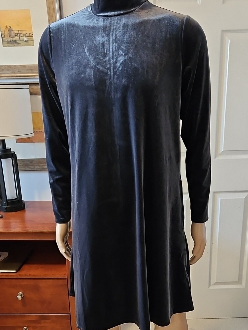 Lands' End Black Velvet Long-Sleeve Mock Neck Dress